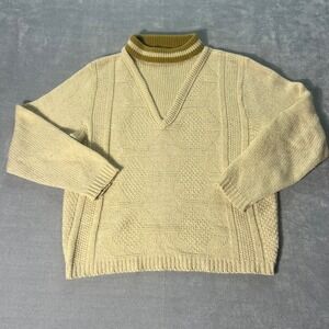 Richman Brothers Vintage Wool Blend Mock Neck V-Neck Sweater Cream Mens Large